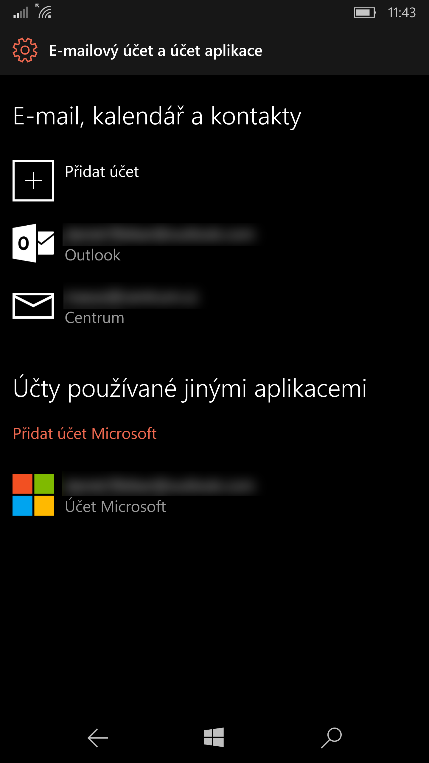 Nastavení účtů Windows 10 Mobile